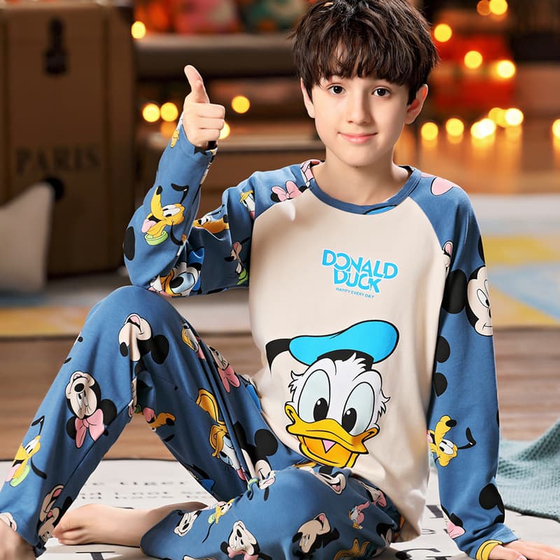 Spring and Autumn Pajamas Men's Long Sleeve Pure Cotton Youth Suit Old Boys 13-15 Years Old Boys Junior High School Student Home Clothes
