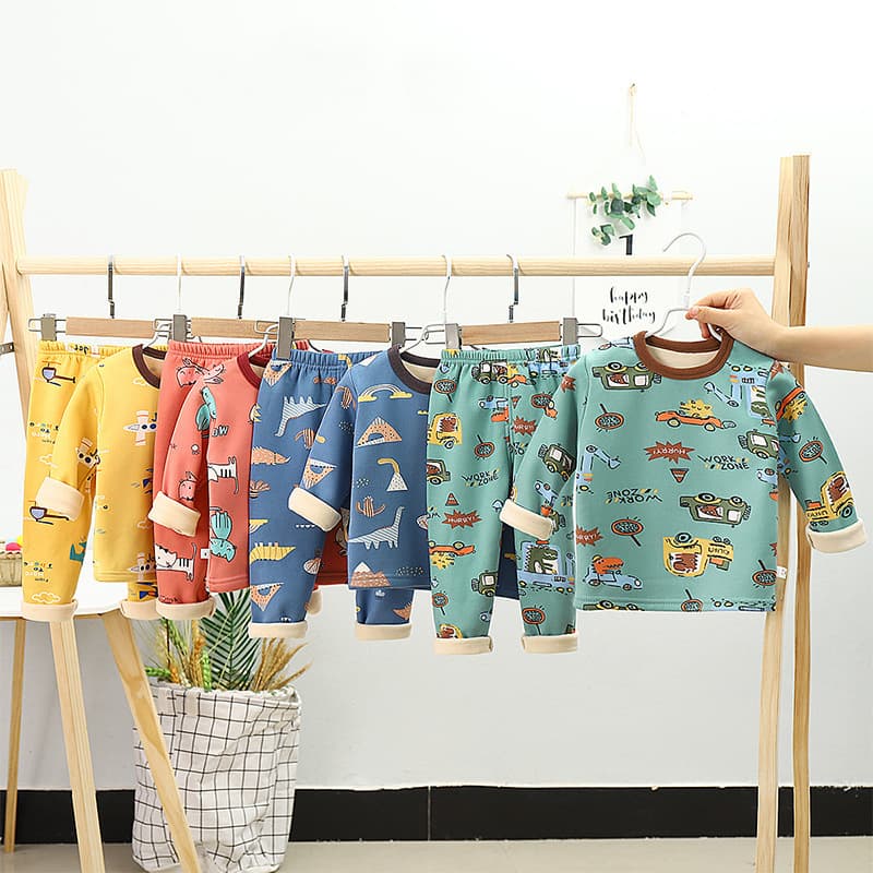 Children's Fleece-Lined Thermal Underwear Set, Autumn/Winter New Long-Sleeve Top and Bottom, Thick Warm Pajamas for Boys and Girls