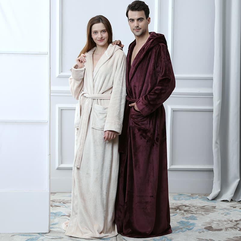 Autumn and Winter Long Ankle-Length Thickened Warm Flannel Nightgown Couple Hooded Large Size Coral Velvet Bathrobe Men's Pajamas
