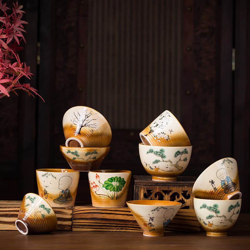 Vintage Print Ceramic Tea Cup, Home Kung Fu Tea Set, Tasting Cup, Single Tea Bowl, Imitation Wood-Fired Cup, Small Wine Cup