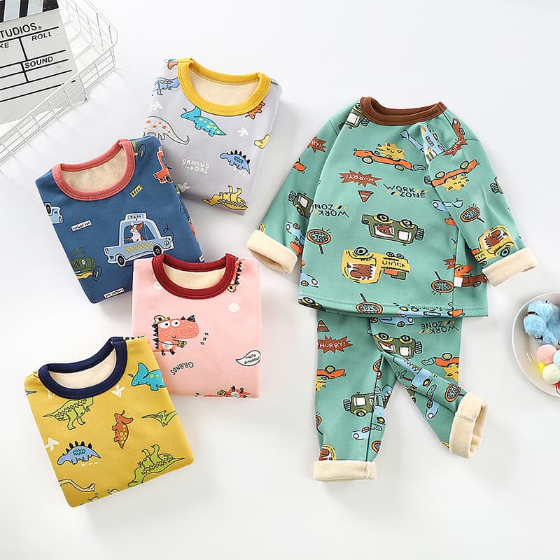 Children's Fleece-Lined Thermal Underwear Set, Long-Sleeve Autumn and Winter Top and Bottom, Thickened for Boys and Girls Homewear