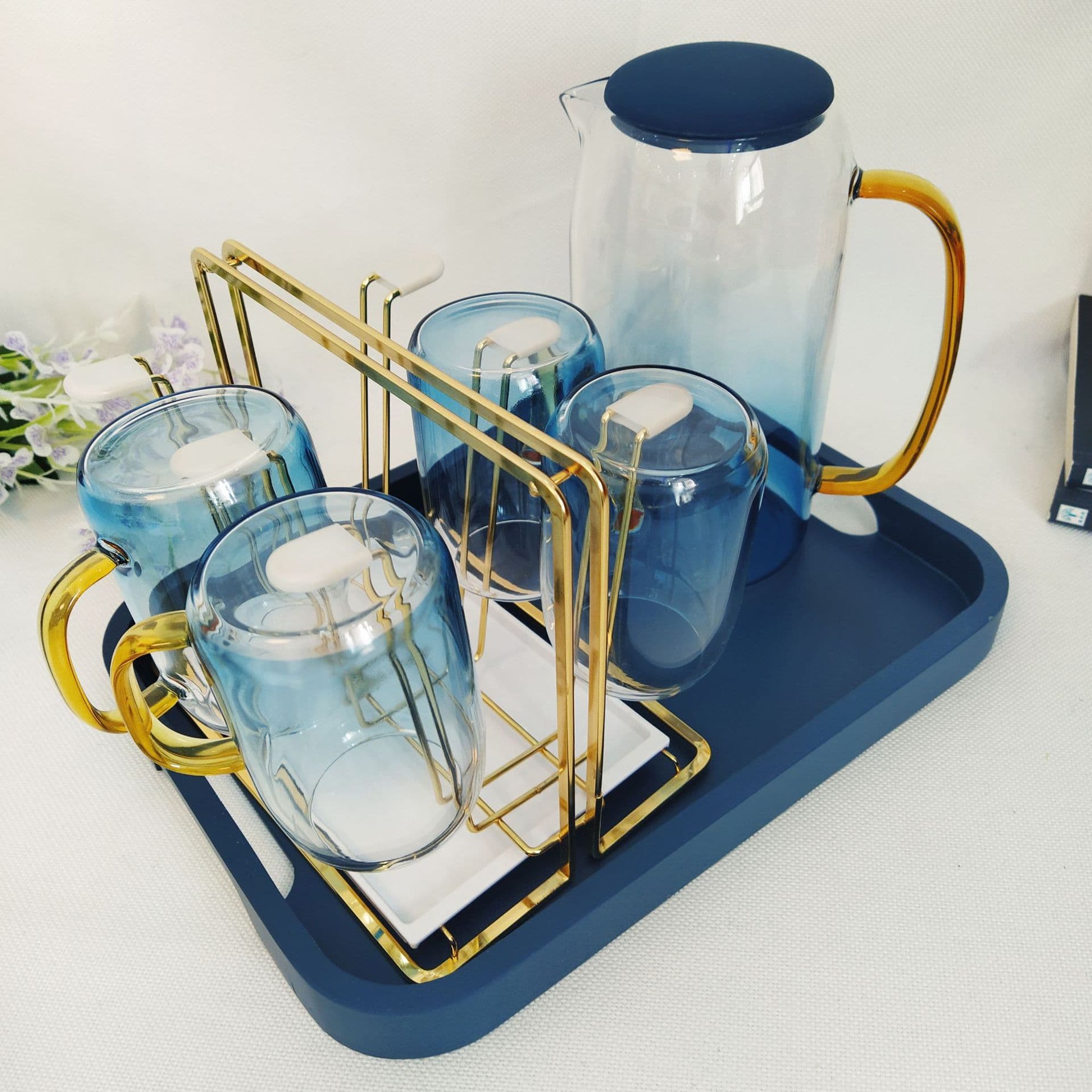 Trendy Bamboo Wood Tray Morandi Rounded Corner Tea Tray Blue Home Bamboo Wood Tray Rectangular Restaurant Tea Tray Drop Shipping