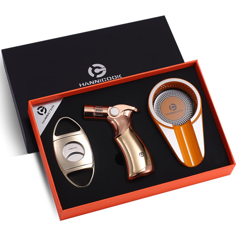 HANNICOOK Cigar Cutters, Lighter, Ashtray Gift Set (3-piece set) - Stainless Steel Cigar Cutters