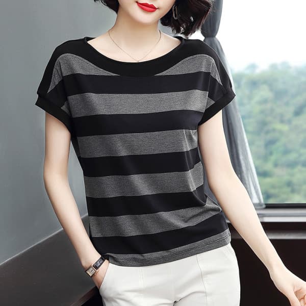 Plus Size Short Sleeve T-Shirt Women's Loose Fit Striped Half Sleeve Shirt 2022 New Style Middle-Aged Mothers Women's Top