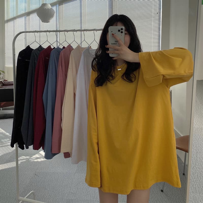 Early Autumn Solid Color Round Neck Women's Korean Style Loose Slimming Student Inner Sleeve T-Shirt Base Layer Top