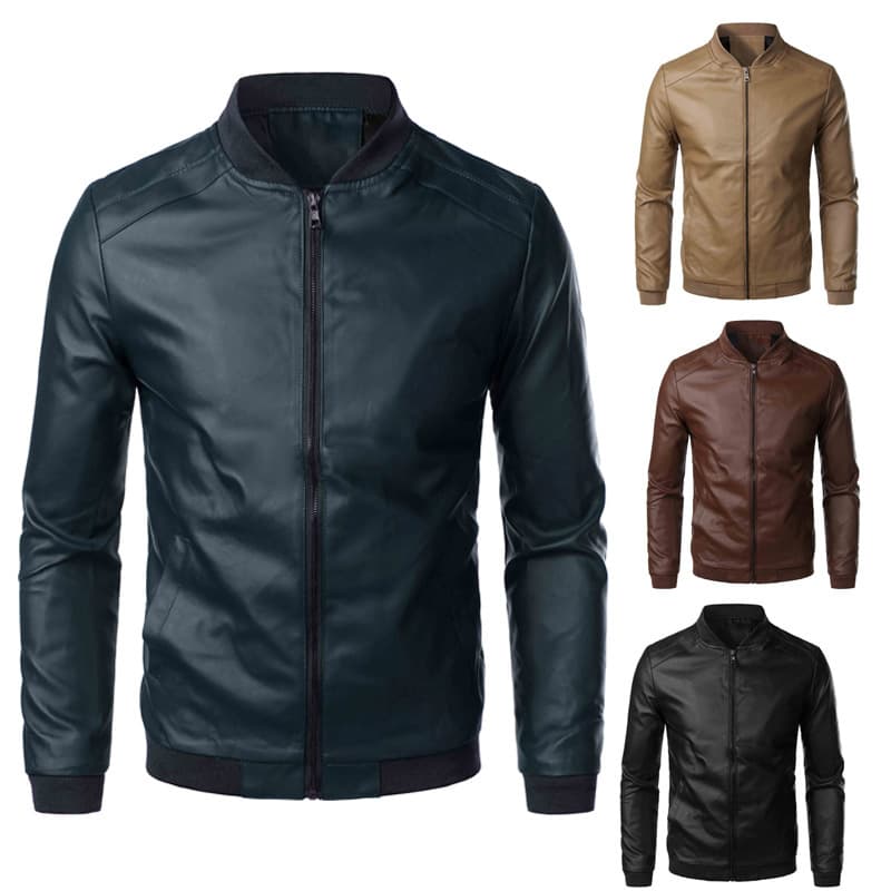 Men's PU Leather Jacket Spring Autumn Fashion Motorcycle Slim Fit Stand Collar Coat