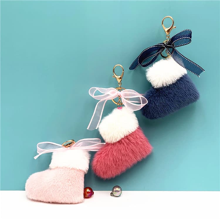 Christmas Boot Keychain Cute Bow Bag Charm Cartoon Plush Car Keychain Ring Gift Accessory