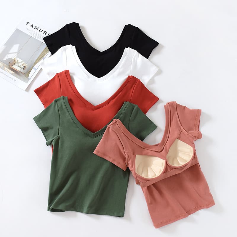 New Style V-Neck/Large Round Neck Crop Cotton Top with Built-In Bra Cups, Sleeveless/Short Sleeve, for Home, Yoga, and Women's Wear
