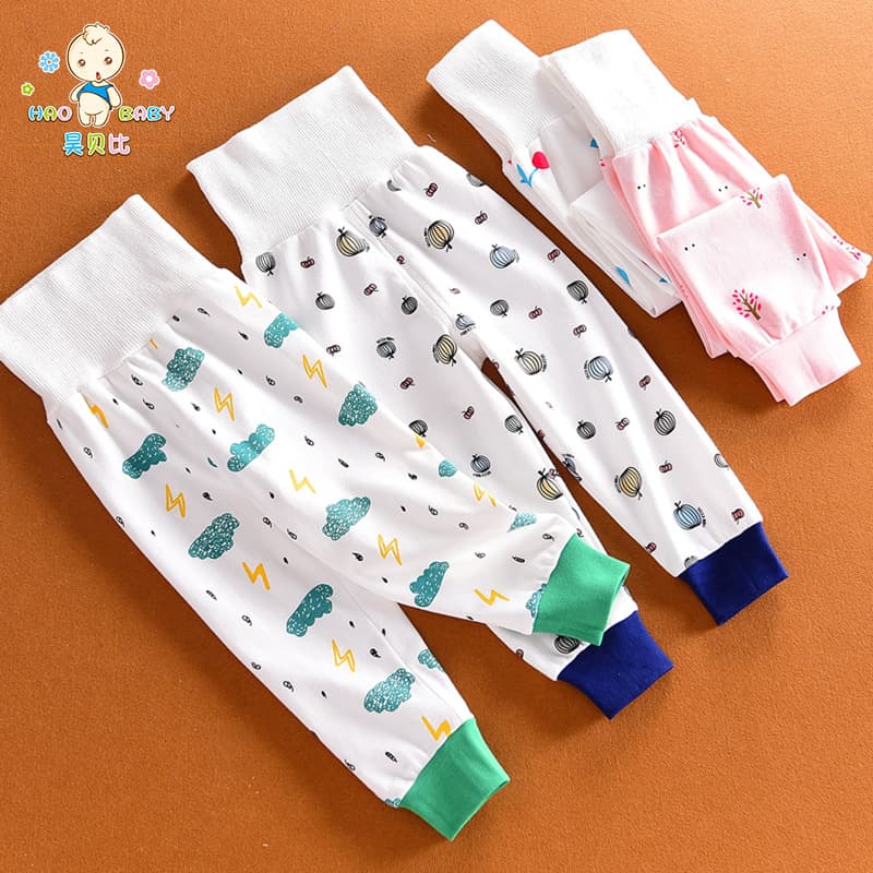 Baby high-waist belly-protection pants, spring/autumn unisex base layer, children's floral print cotton autumn pants, single lining trousers
