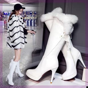 New 2020 Winter Fur Over-the-Knee Boots Black White Fleece Lined Women's Boots Thin Heel Sexy