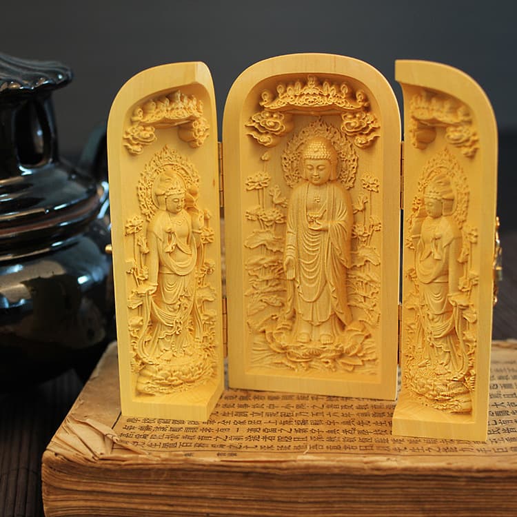 Yellow Boxwood Carving Western Pure Land Saints Guanyin Triple Buddha Box Wooden Crafts Ornaments Office Culture Root Carving