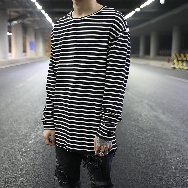 European and American Basic Front Short Back Long Black and White Striped Base Layer Shirt Hip Hop Trendy Men Extended Inner Long Sleeve T-Shirt Streetwear Brand