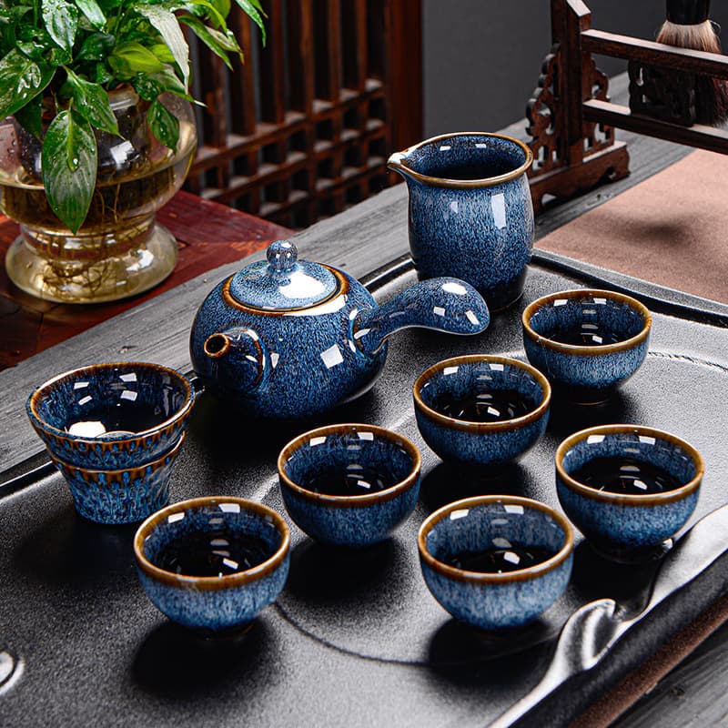 Creative Jun Kiln Kung Fu Tea Set, Kiln Transformation Brushed, Home Business High-End Ceramic Gift Wholesale Set