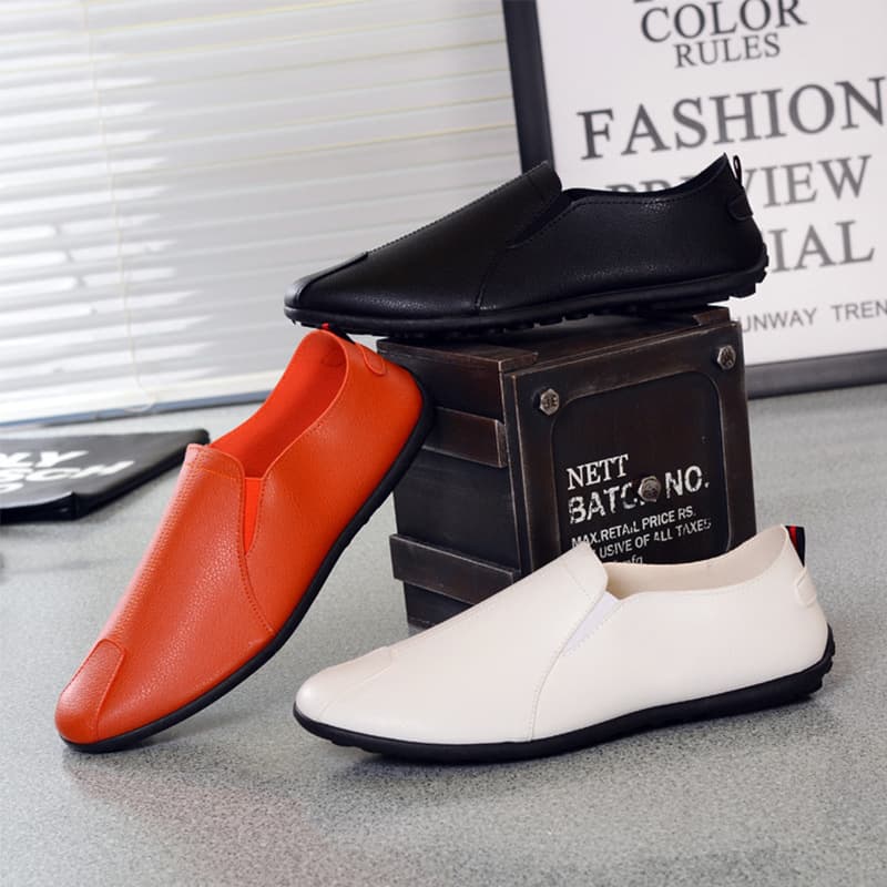 Casual Men's Spring Summer PU Bean Shoes Fashionable Soft Bottom Slip-On Shoes Breathable Wear-Resistant Round Toe Flat Heel