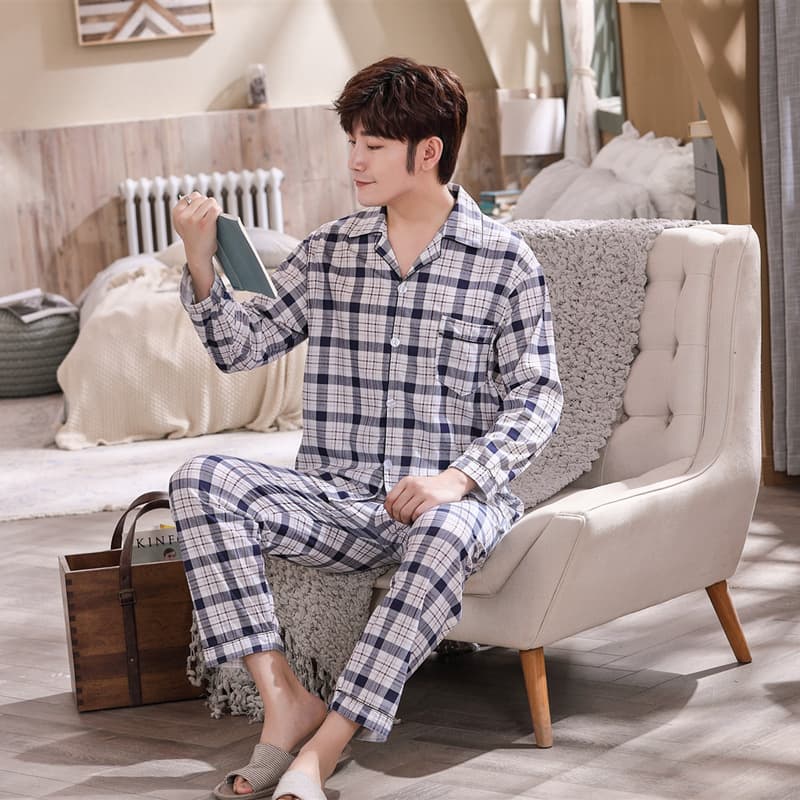 Men's Autumn/Winter Pajamas Korean Loose Fit Printed Long-Sleeve Cardigan Notch Lapel Double-Sided Thick Knitted Cotton Homewear Set