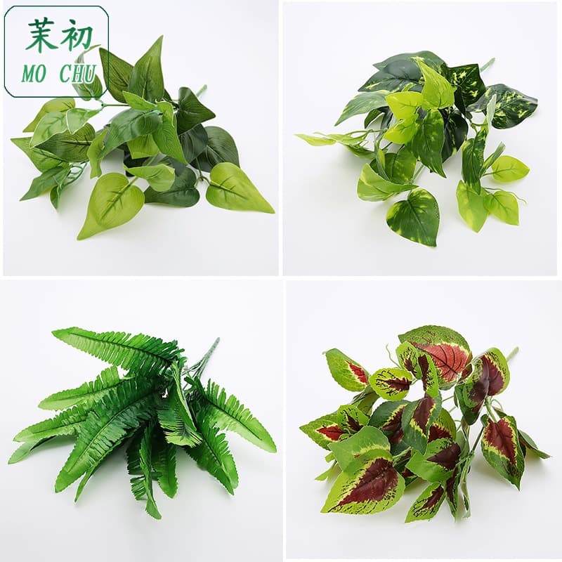 Yiwu Artificial Greenery Real-Touch Seven-Branch Pothos Leaves Landscaping Artificial Plant Wall Accessories Real-Touch Green Leaves Wholesale