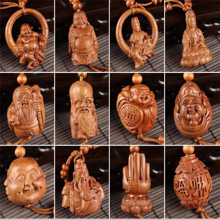 Linglong Pavilion Peach Wood Carved Keychain Ornament Peach Wood Ornament 3D Peach Wood Carved Keychain