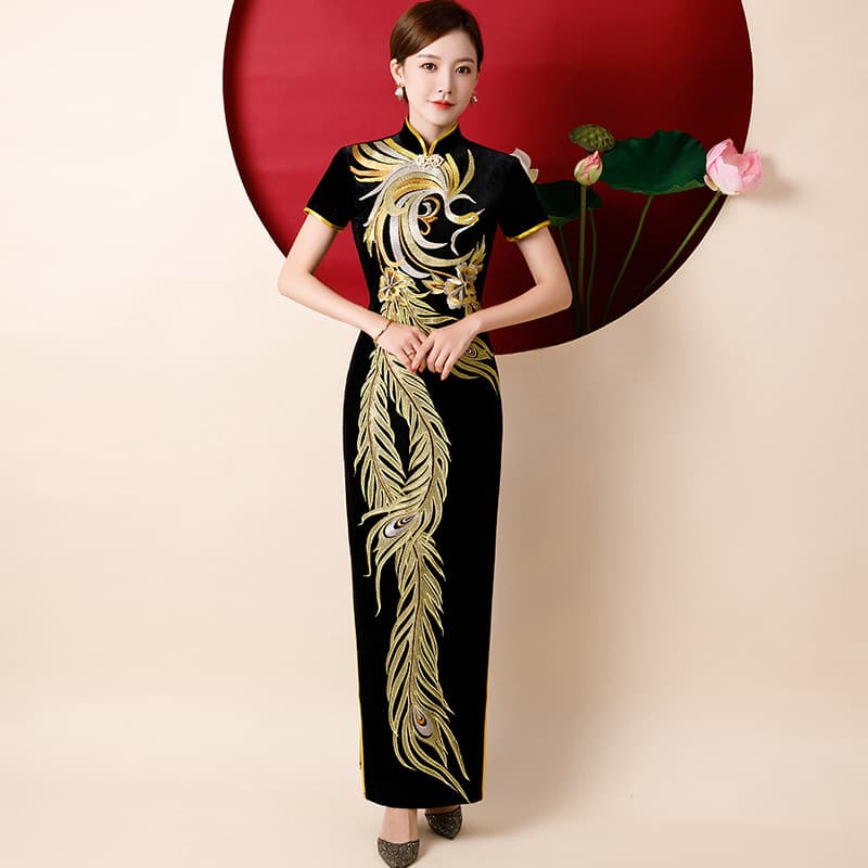 New Elegant Long Cheongsam Performance Dress, Velvet Chinese Style, Youthful and Slimming
