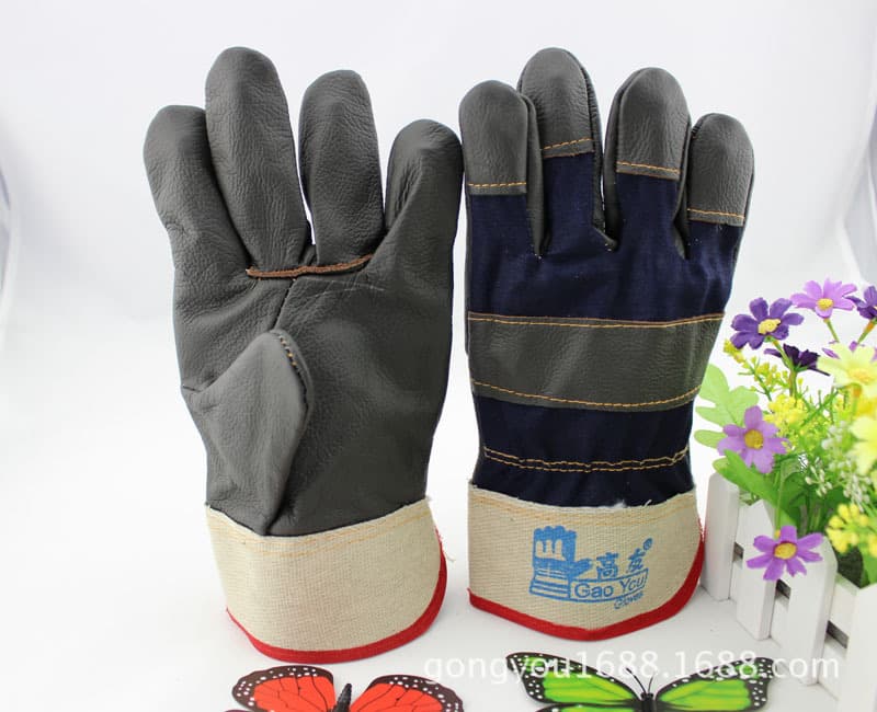 Popular Gaoyou brand denim split palm semi-leather furniture leather gloves, welding gloves, labor protection for welders, cowhide protective gear