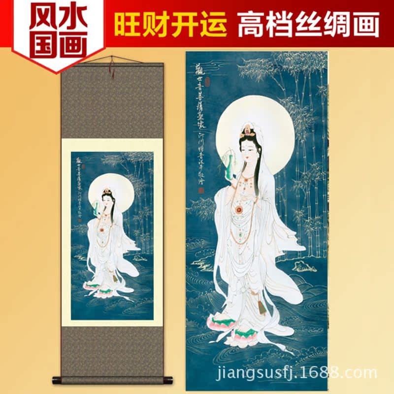 Living Room Foyer Orchid and Guanyin Silk Painting, Exquisite Buddha Scroll Art S054