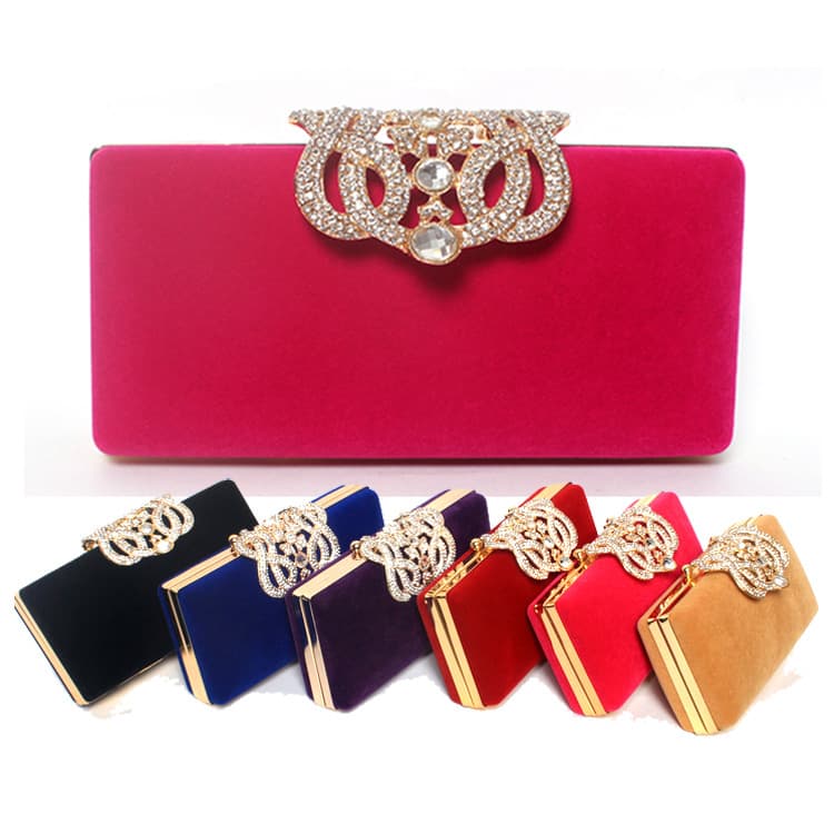 Simple Rhinestone Gold Velvet Evening Dinner Bag Crown Suede Women's Bridal Clutch