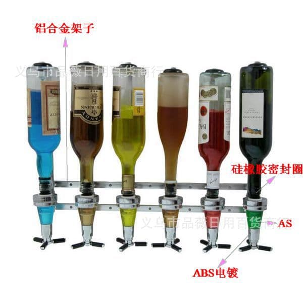 Wholesale aluminum alloy six-head straight-line quantitative liquor dispenser rack for vodka, whiskey, and Black Label cocktails.