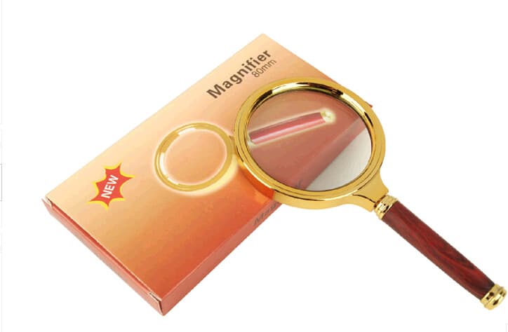 Direct Sales Handheld 10X 80MM Diameter Reading Magnifier with Imitation Wood Handle and Gold Plating, Hot Selling Item