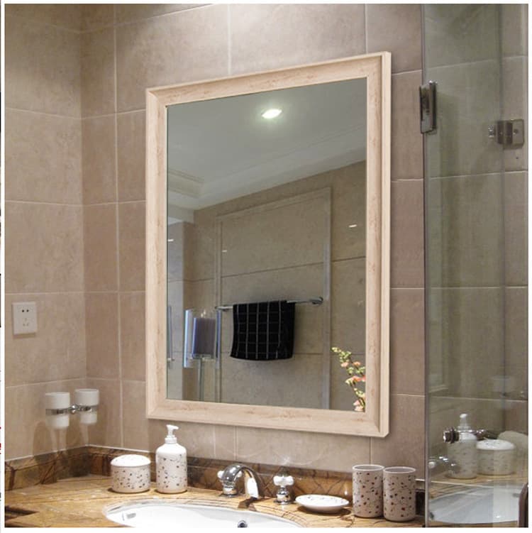 Hongyi manufacturer customized bathroom mirror, wood grain color hotel bathroom mirror frame, framed rectangular half-length hanging mirror