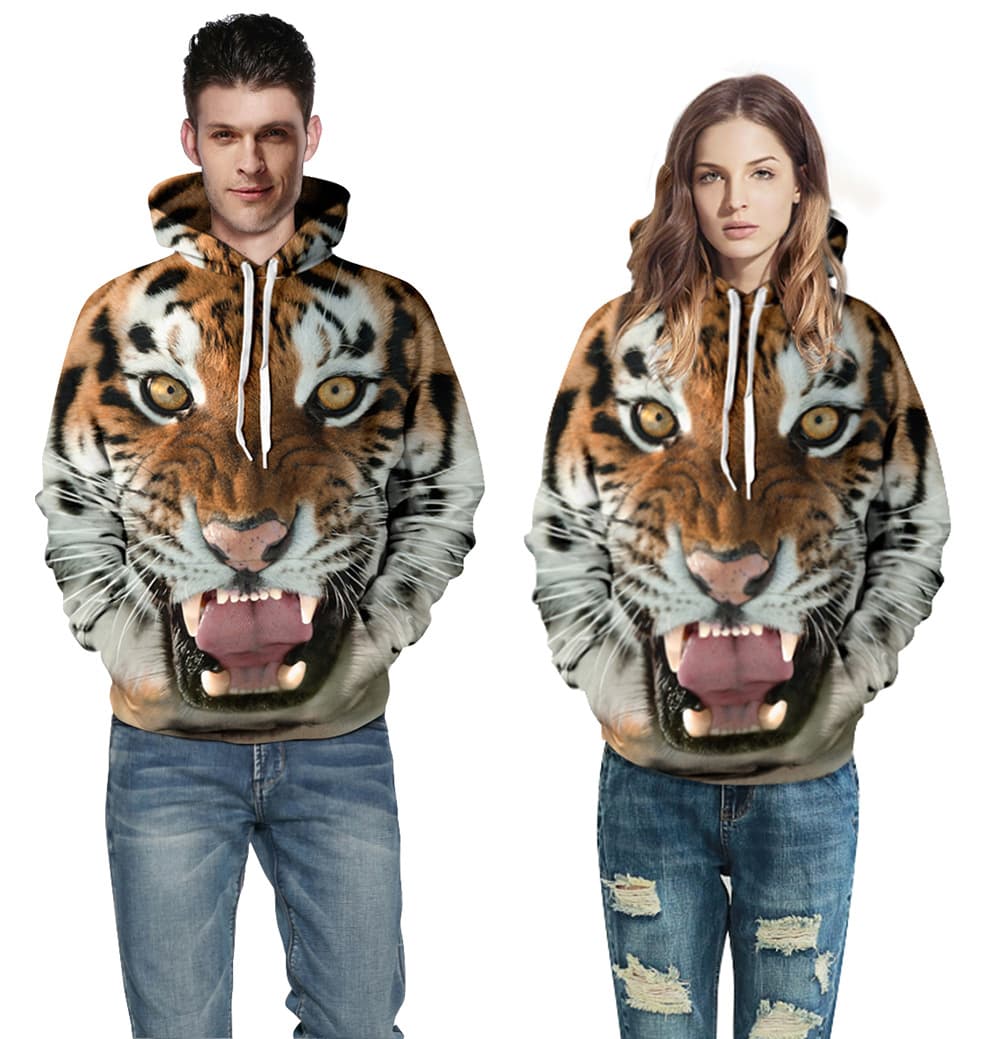 European and American fashion new couple sweatshirt 3D digital printing tiger top loose version men's and women's hooded sweatshirt