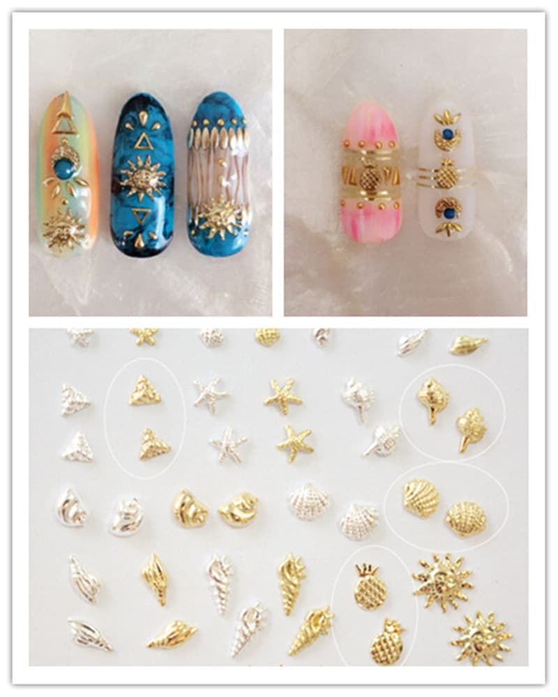 500pcs Japanese and Korean Style 2015 Ocean Theme Shells Conch Sun Feather Metal Nail Art Decorations UV Gel Nails
