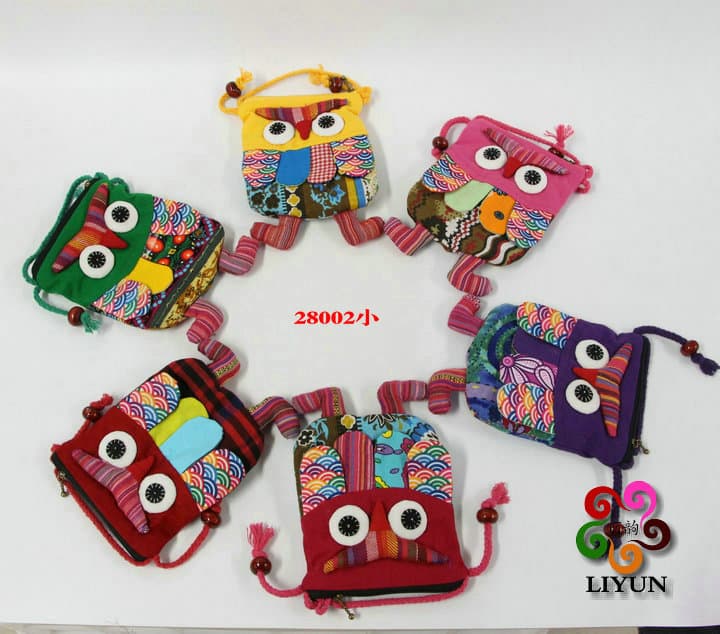 Ethnic Owl Pattern Cotton Shoulder Bag Small Size Women's Handbag Soft Fabric Round Handle Trendy Animal Print Bag