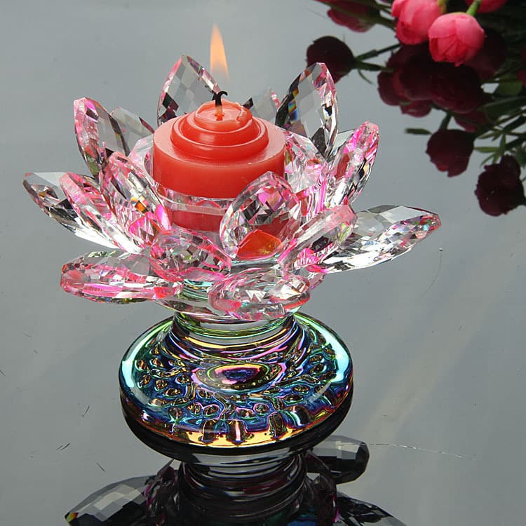 Factory Wholesale Crystal Craft Gift Lotus Candle Holder Glass Candle Holder Lotus Ghee Lamp Glass Craft Decoration