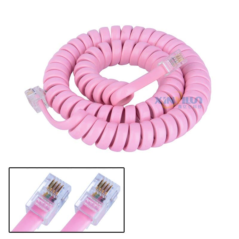 Telephone cord, handset cord, pink, 2 meters, telephone handset cord, RJ9 4P4C, RJ10