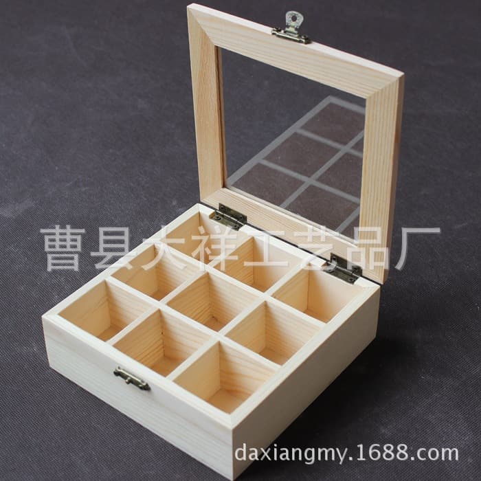 Zakka retro wooden desktop ornament jewelry storage box with 9 small compartments, glass lid, and flip-top design