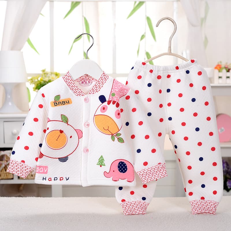 New autumn and winter children's thermal underwear set cartoon open button pure cotton set three-layer thermal underwear