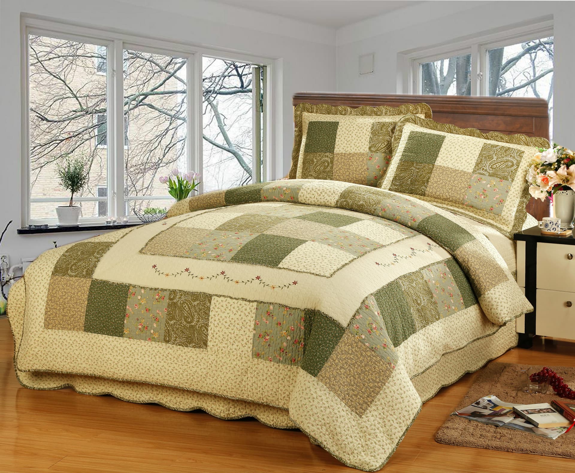 【Milaya】Cotton quilted three-piece bedding set, four-piece set with genuine embroidered trim, dropshipping available.