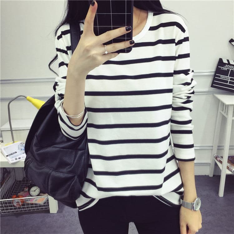 Spring and Autumn Student Women's Clothes Slim-fit Joker Ladies Base Shirt Top Round Neck Striped Long Sleeve T-shirt Wholesale
