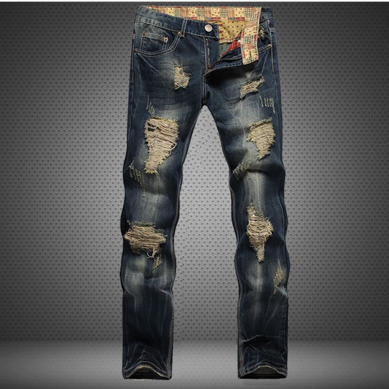 Cross-border Supply Ripped Slim Straight Jeans for Men, Vintage Style, Export Quality, Distressed Personality Men's Pants