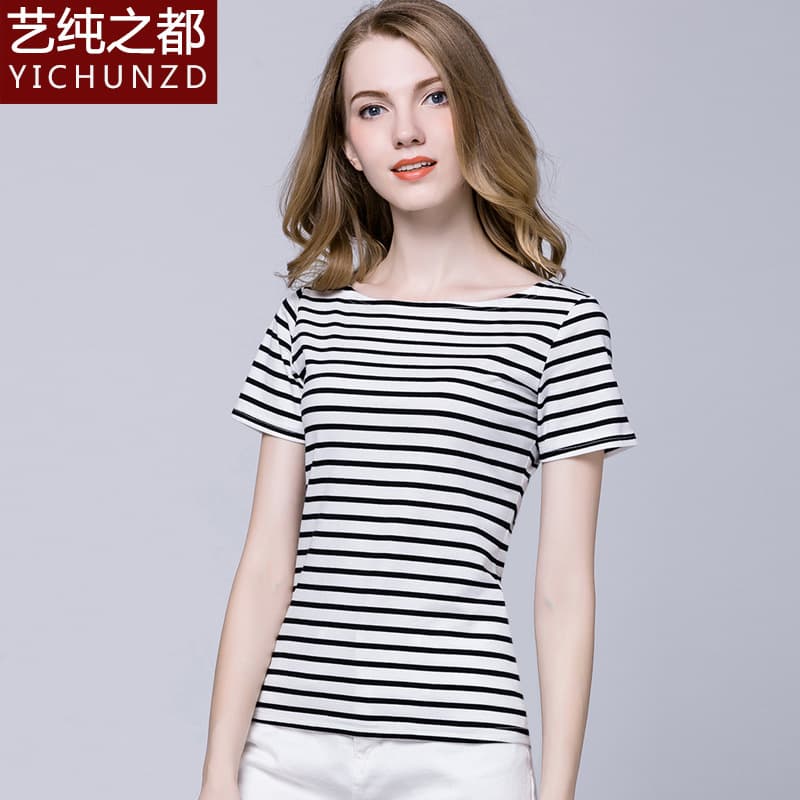 New European and American Style Striped T-Shirt for Women, Short Sleeve, One-Shoulder Neckline, Black and White Striped Tee, Women's T-Shirt Wholesale