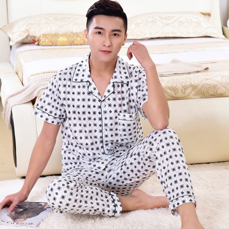 New Summer Thin Knit Cotton Men's Pajamas, Short Sleeve Long Pants Casual Homewear Set