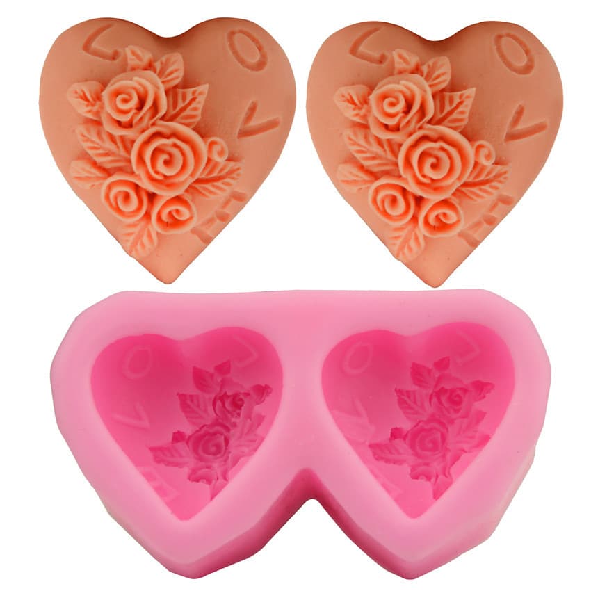Double Heart LOVE Rose Sugar Art Cake Mold Kitchen Baking Tool Decoration Silicone Mould for Cake Bread Mousse Jelly Chocolate