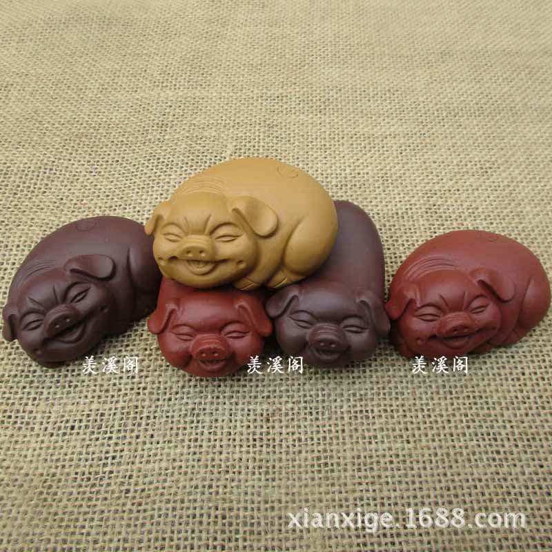 Yixing Purple Clay Tea Pet Sculpture Ornament, Purple Clay Pig Winter Melon Pig Happy Pig
