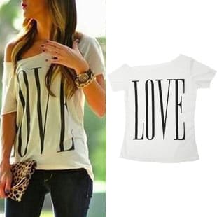 2015 AliExpress eBay European and American Off-Shoulder Short Sleeve Loose Round Neck LOVE Letter Print T-Shirt