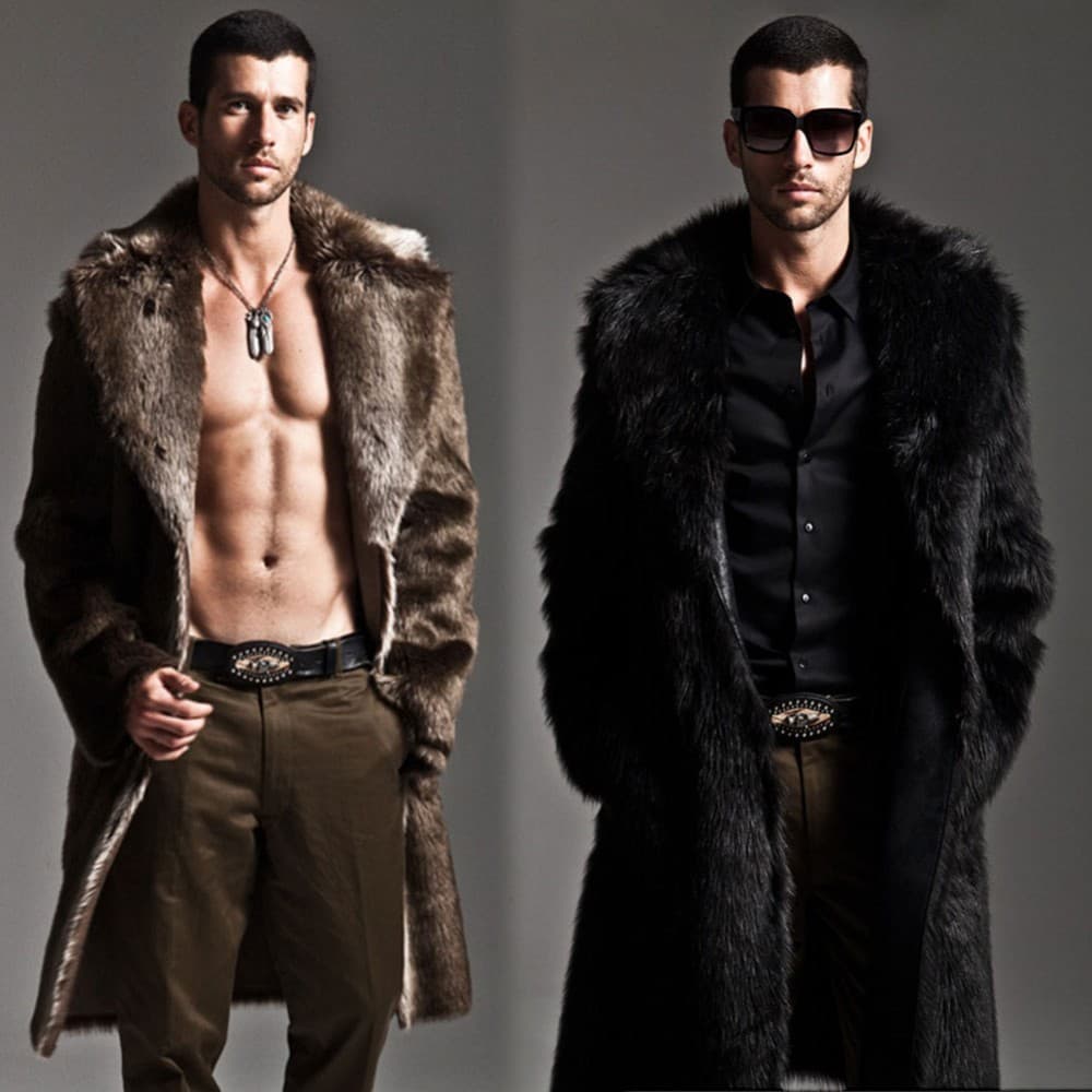 Men's Faux Fur Coat Super Thick Autumn Winter Jacket Long Style No Belt 3D Pattern Adult Size for Northeast Asia Europe And Middle East