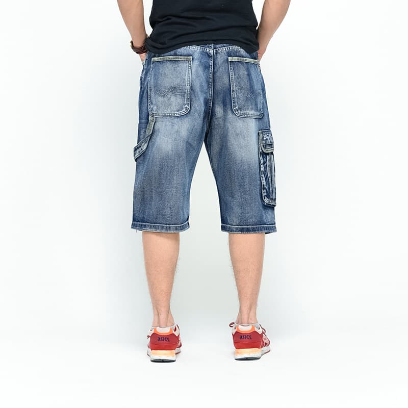 059-1 Men's Multi-Pocket Casual Cropped Jeans, Hip Hop Loose Plus Size Skateboard Pants, Mid-Length Pants