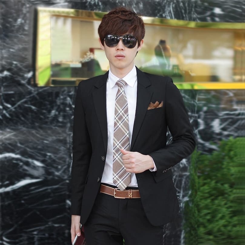 Men's Suit Suit Two-button Fashion Slim Suit Men's Professional Suit Work Wear No Slit Black Autumn