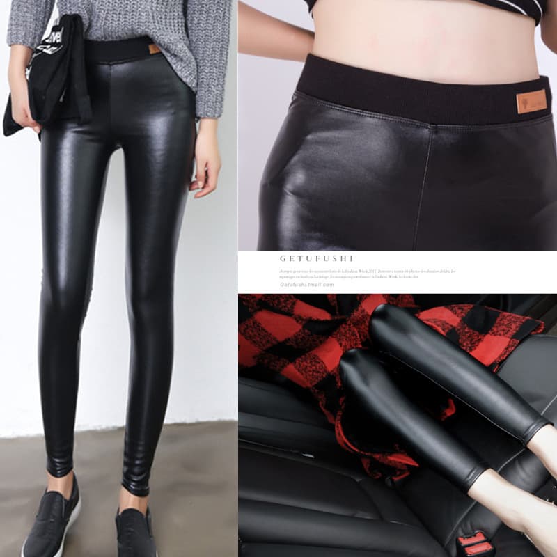 Korean version 2022 autumn and winter women's slim-fit plus velvet PU leather pants for outer wear trousers kitten head high-waisted leggings PU small-leg pants