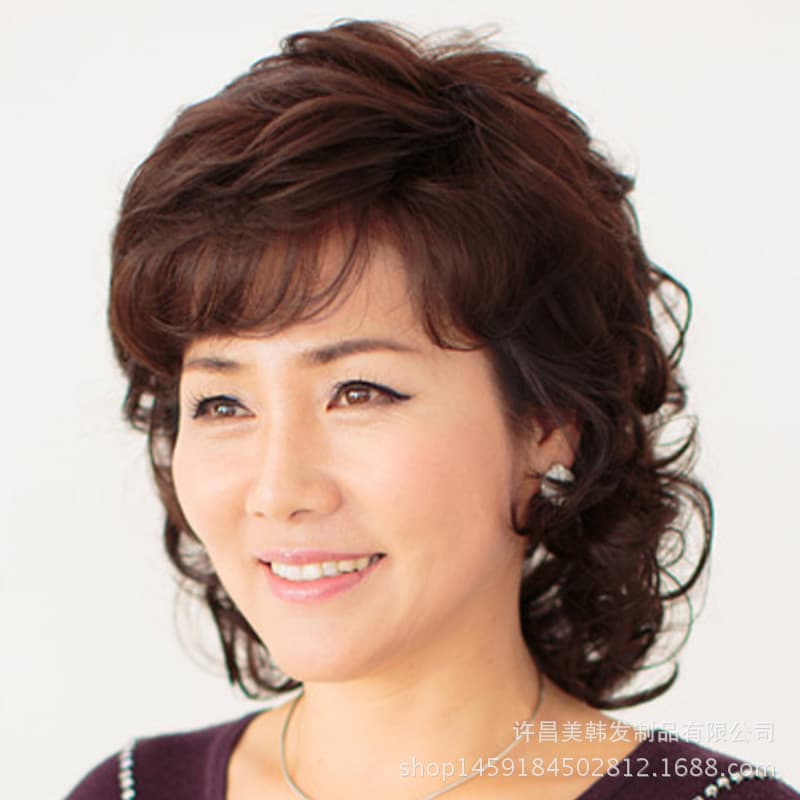 Middle-aged Real Hair Wig for Women, Short Curly Hair, Elderly Wig, Mother's Wig, Fake Hair