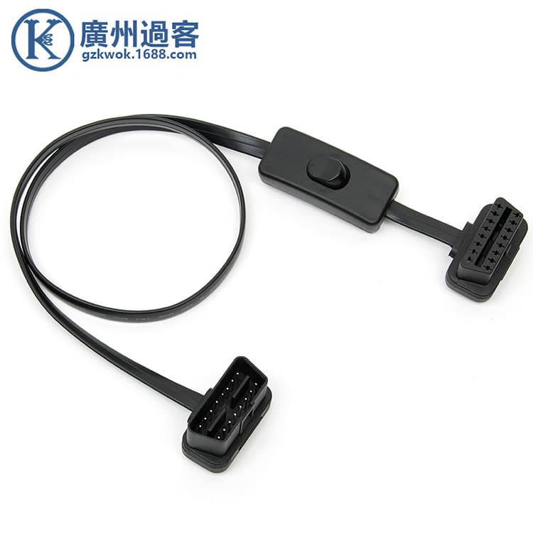 Automotive OBD2 Extension Cable with Switch, Flat Cable, Male to Female Ultra-Thin Noodle Connector, 60CM