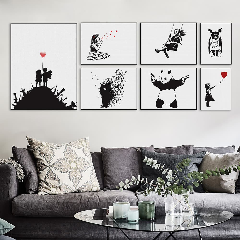 Best-selling Banksy Series Frame Art Core Custom Black and White Graffiti Decorative Poster for Bedroom and Living Room